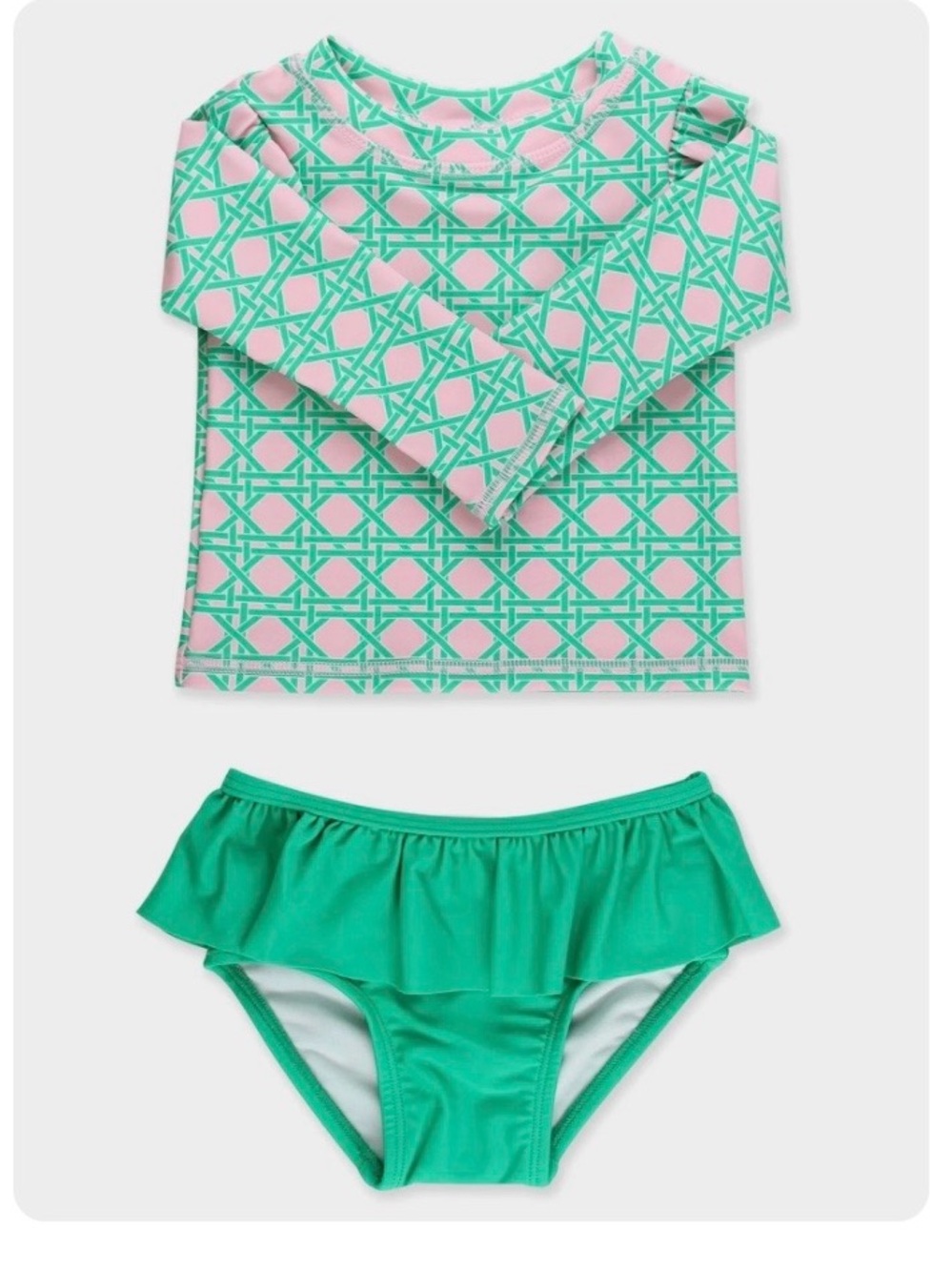 Ruffle butts Kids Long Sleeve Rash Guard Swim Set - Pink & Green